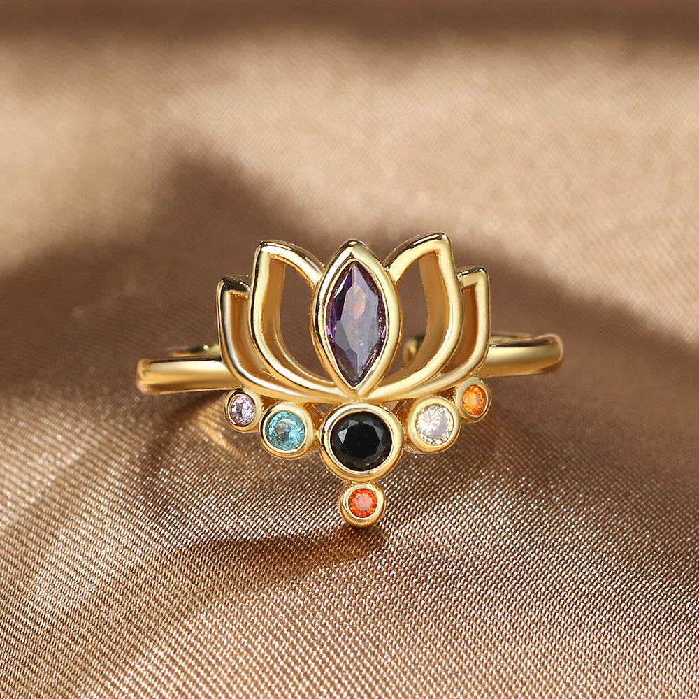 Lotus Flower 7 Chakras Gold Ring for Women