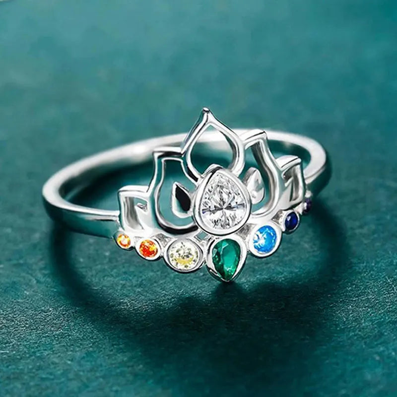 7 Chakra Stone Ring Lotus Flower Women silver