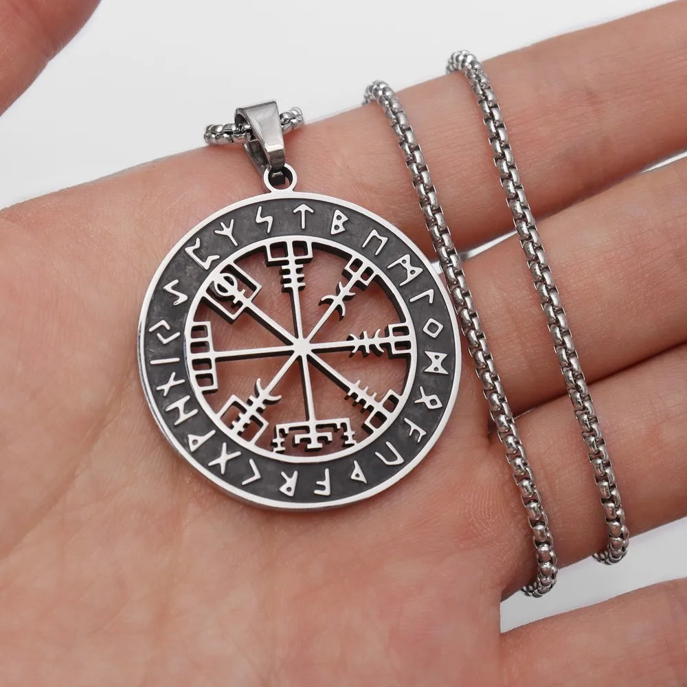 Silver Vegvisir Compass Necklace Viking Pendant