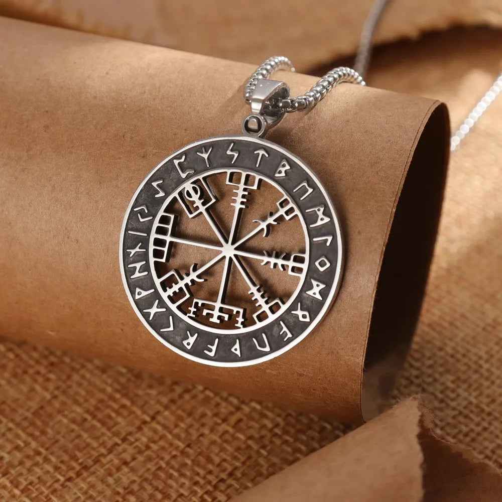 Black and Silver Vegvisir Compass Necklace Viking Pendant
