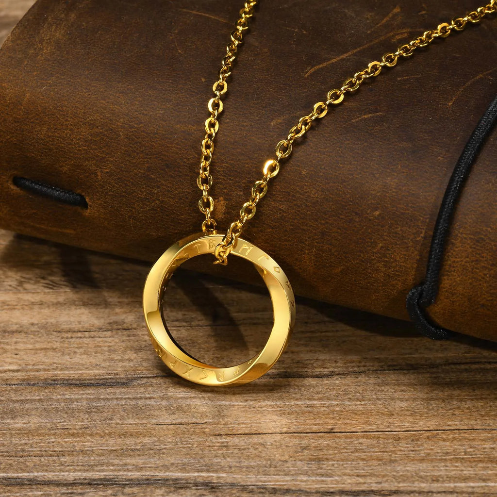 Viking Necklace Round Runic Pendant gold