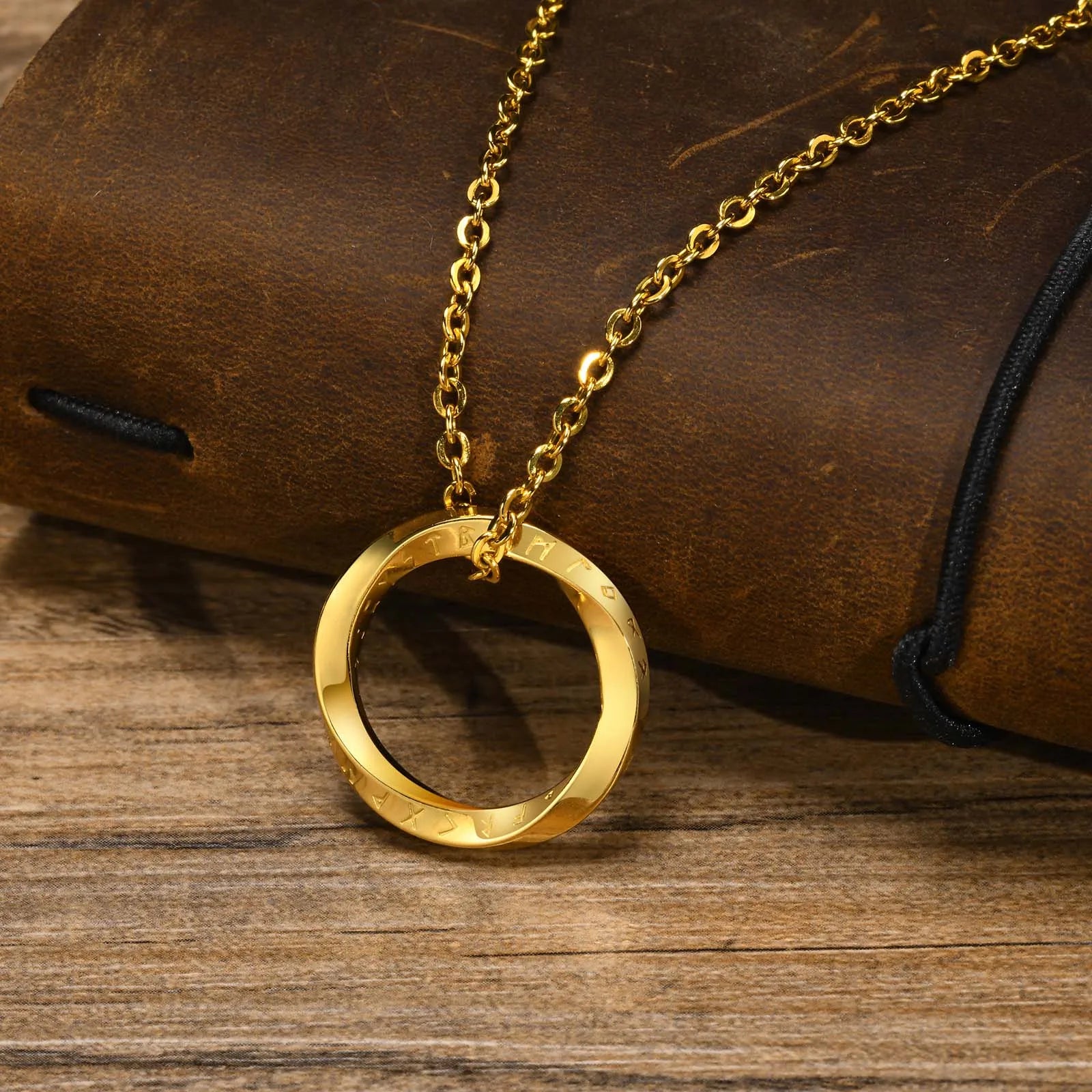 Viking Necklace Round Runic Pendant gold