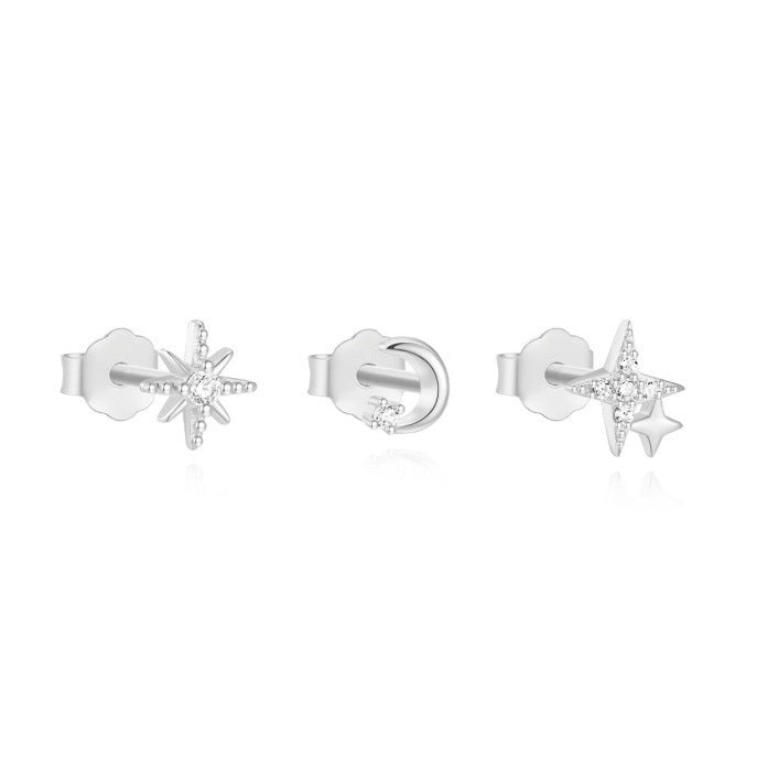 Crescent Moon and Stars Stud Earrings