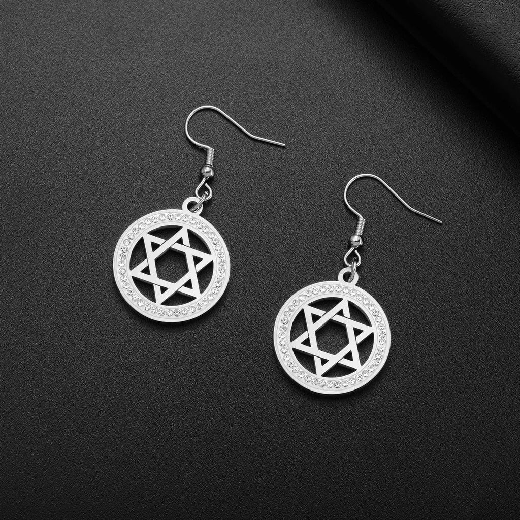 Dangle earrings with the Star of David and symbolic Jewish rhinestones in silver