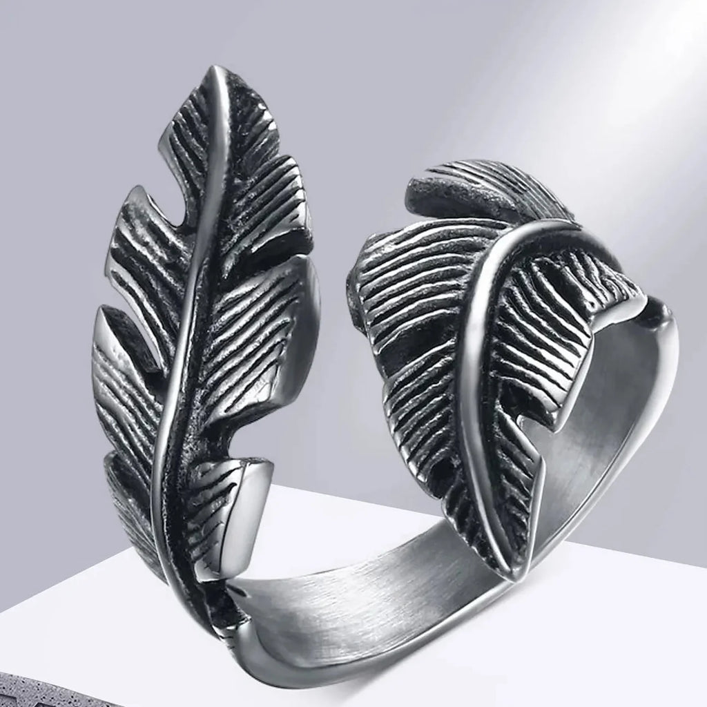 Adjustable silver-tone feather ring
