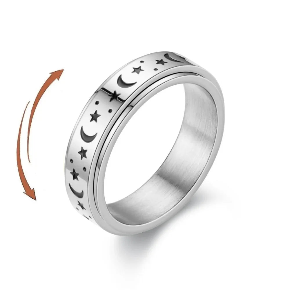 Anti-Stress Spinning Ring with Stars and Moons silver