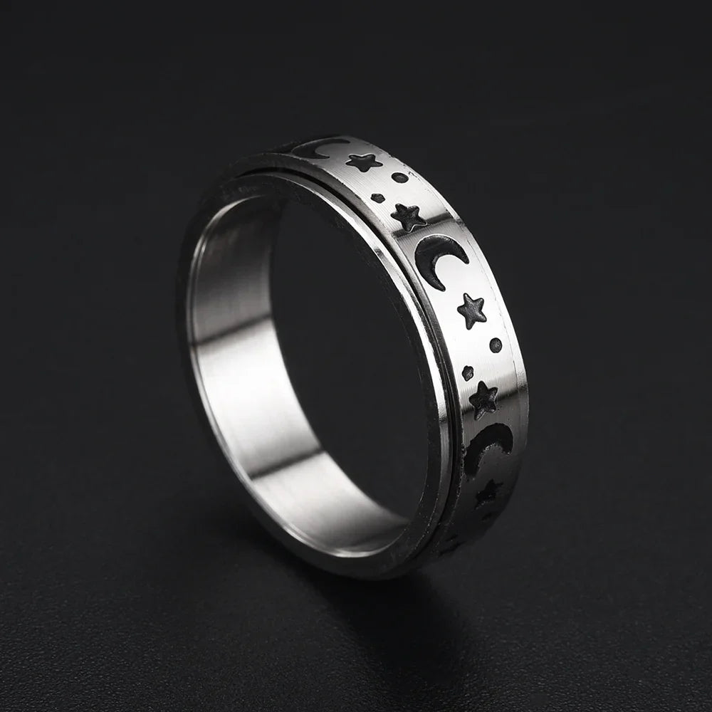Anti-Stress Spinning Ring with Stars and Moons silver