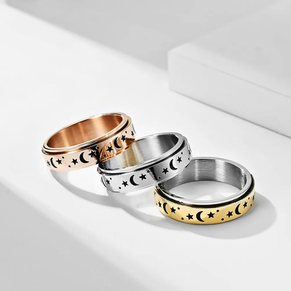 Anti-Stress Spinning Ring with Stars and Moons silver