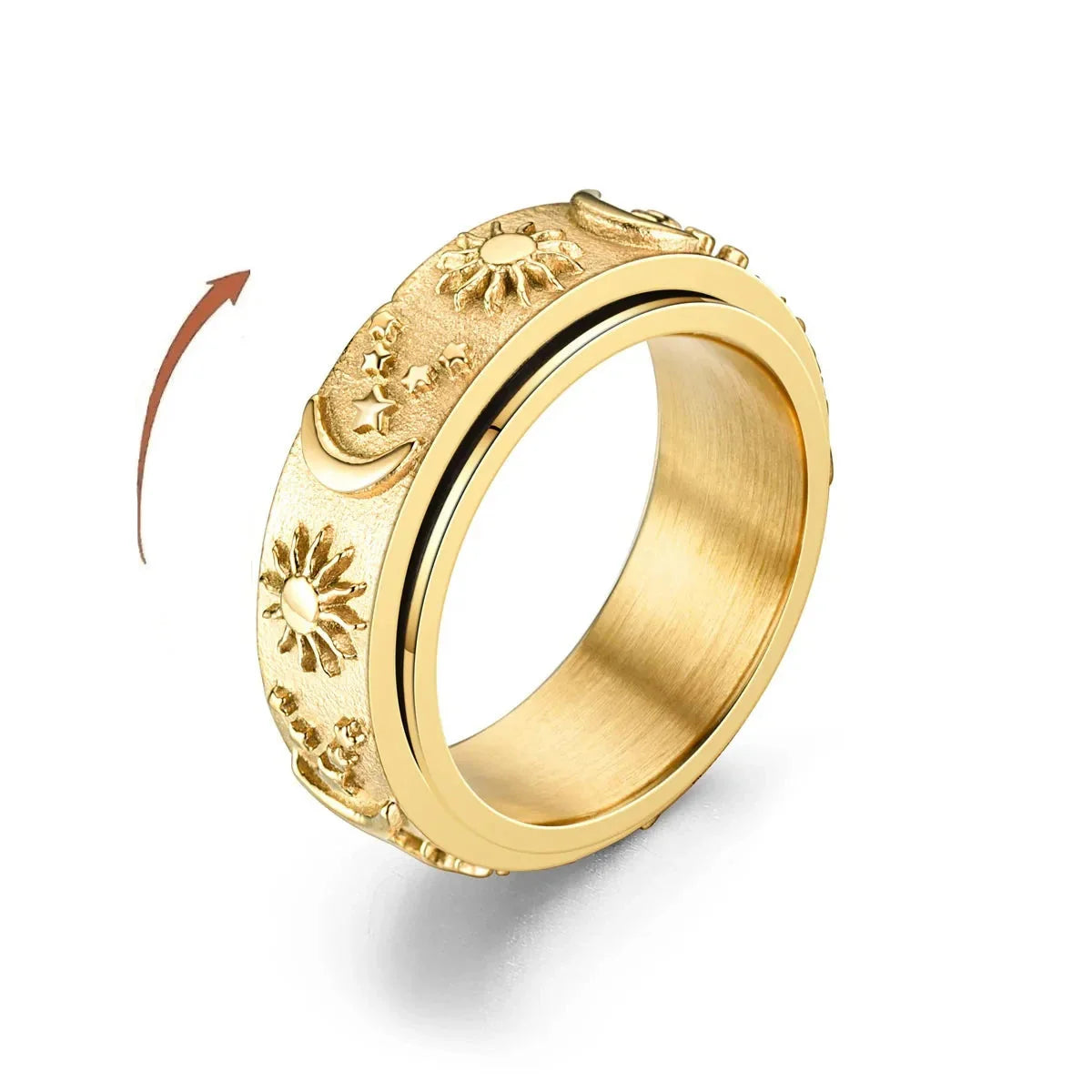 Anti-Stress Ring Band Spinning Moon and Sun yellow gold