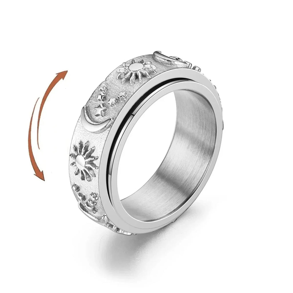 Anti-Stress Ring Band Spinning Moon and Sun silver