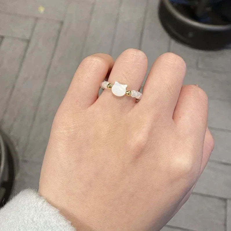 Cat Ring Band White Stones