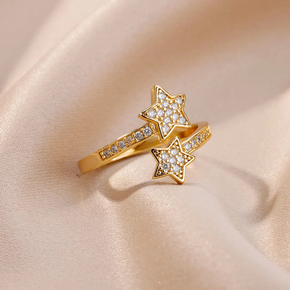 Double Star Ring Band in Gold Zircon
