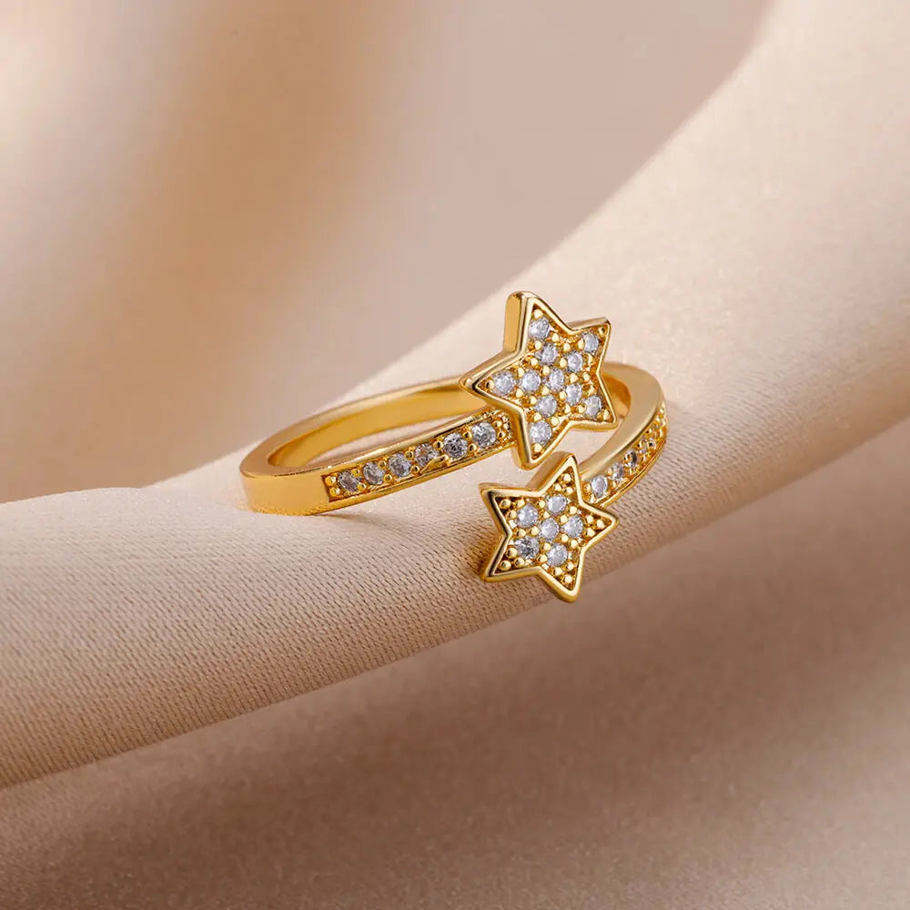 Double Star Ring Band in Gold Zircon