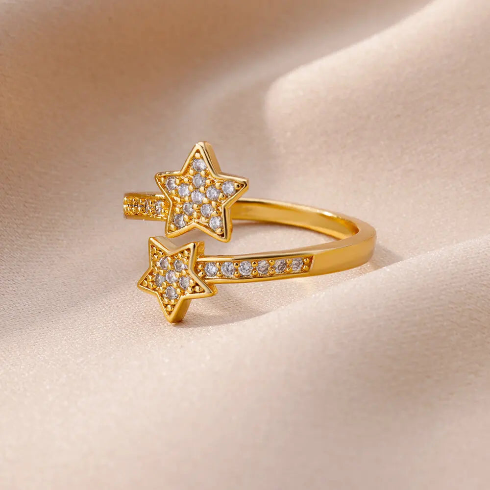 Double Star Ring Band in Gold Zircon