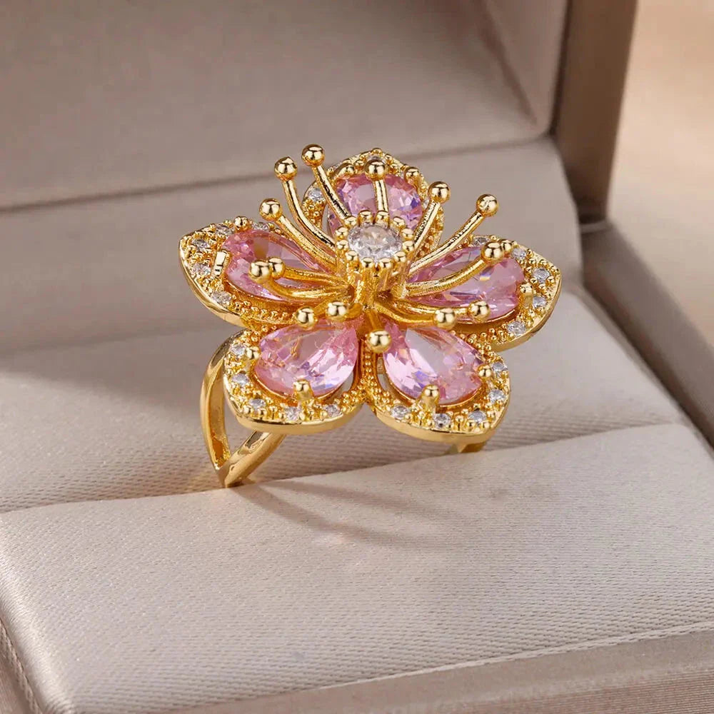 5 Petal Flower Ring Band in Pink Zircon