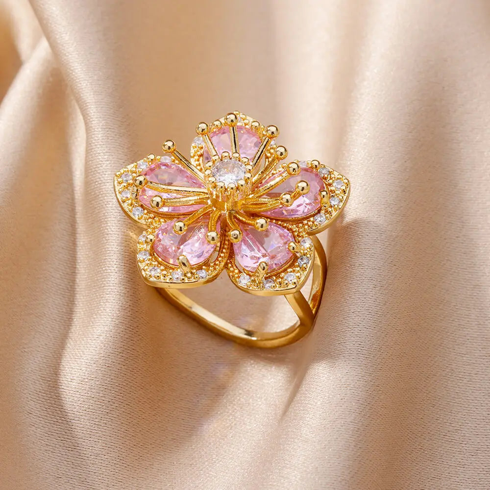 5 Petal Flower Ring Band in Pink Zircon