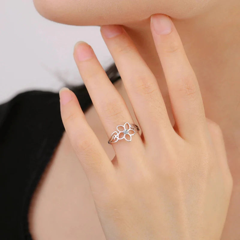 5-Petal Flower Ring Band with Silver Zircon