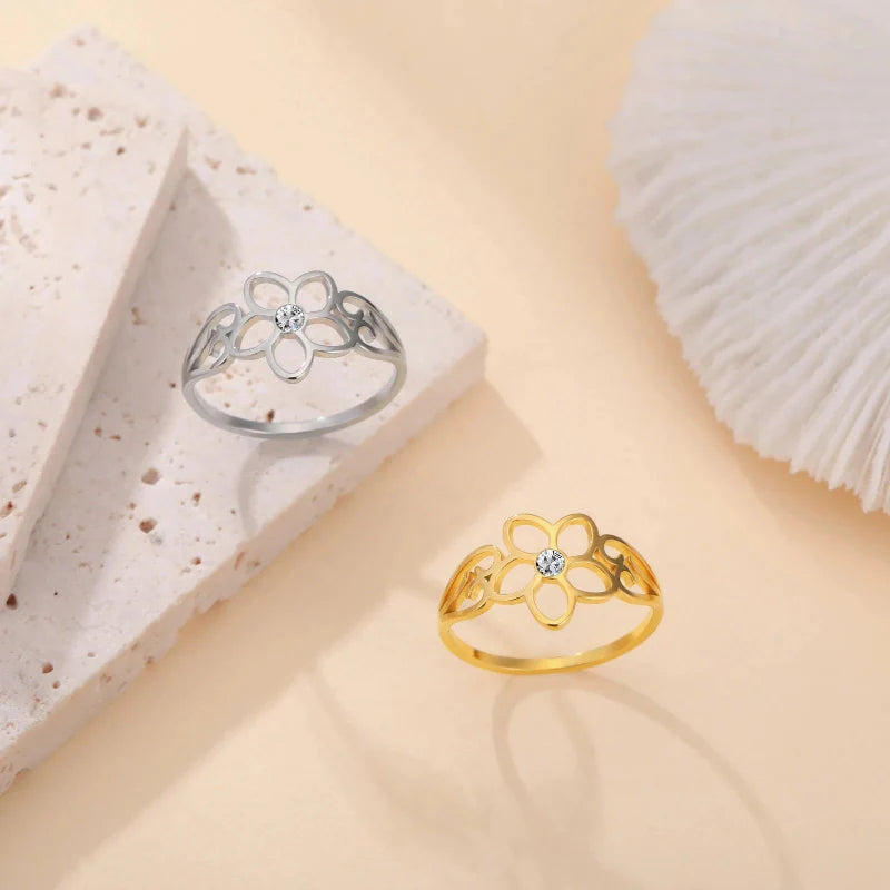 5-Petal Flower Ring Band with Silver Zircon