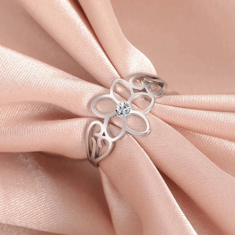5-Petal Flower Ring Band with Silver Zircon