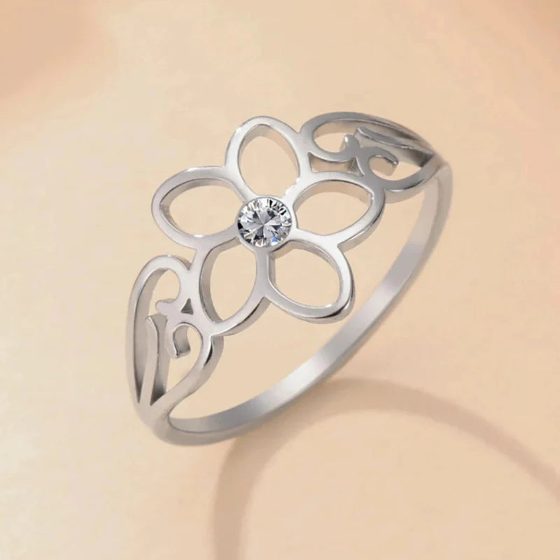 5-Petal Flower Ring Band with Silver Zircon