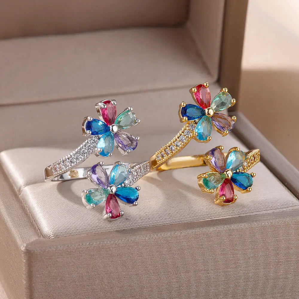 Colored Flower Ring Band in Silver Zircon