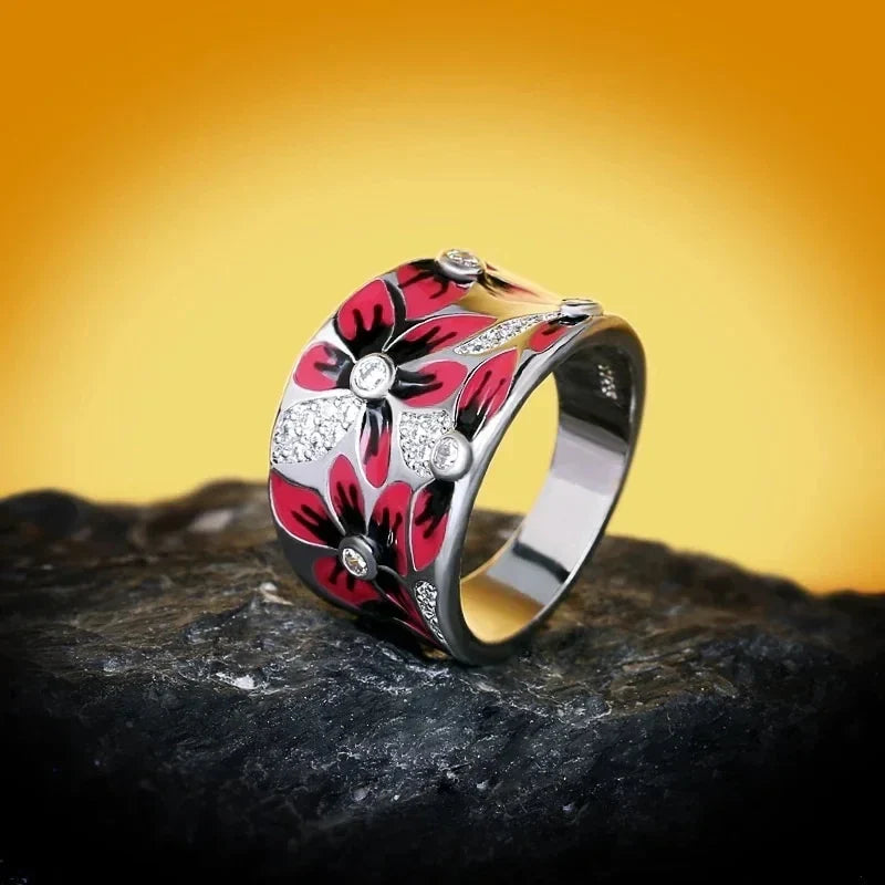 Red Flower Ring Band with Zircon