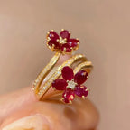 Red Flower Ring Band with Zircon