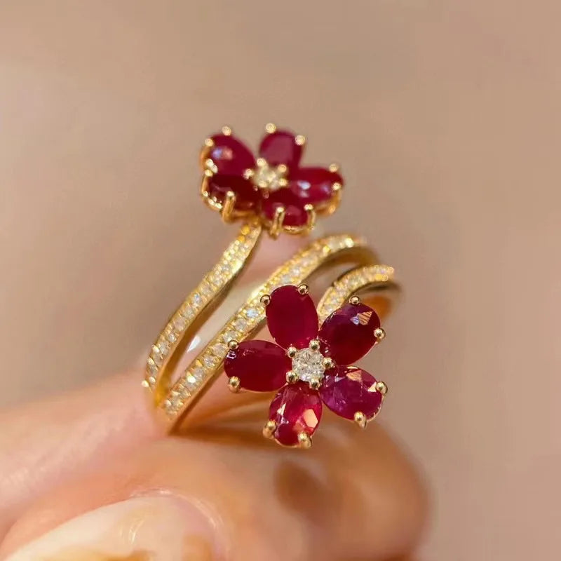 Red Flower Ring Band with Zircon