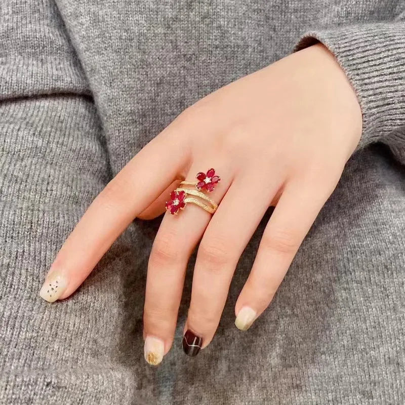 Red Flower Ring Band with Zircon