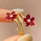 Red Flower Ring Band with Zircon