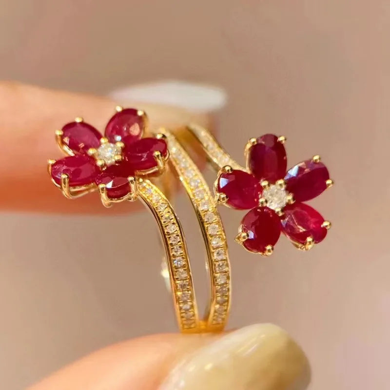 Red Flower Ring Band with Zircon