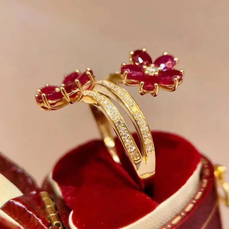 Red Flower Ring Band with Zircon