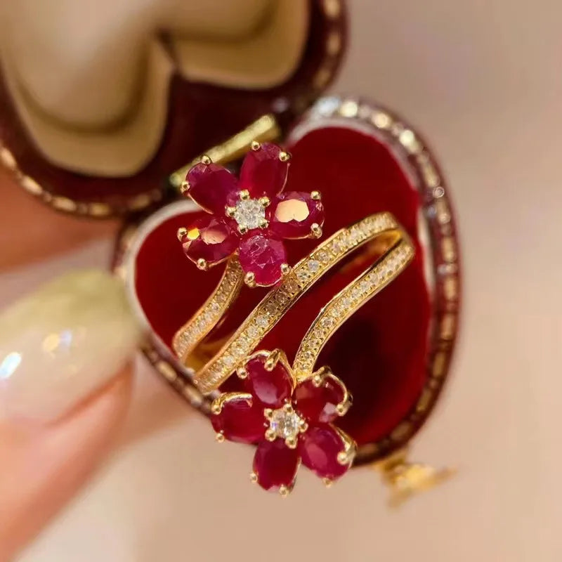 Red Flower Ring Band with Zircon