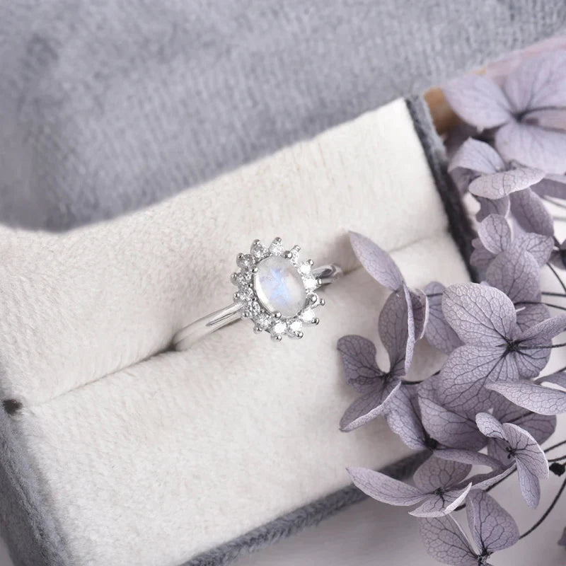 Oval Moonstone and Zircon Ring Band
