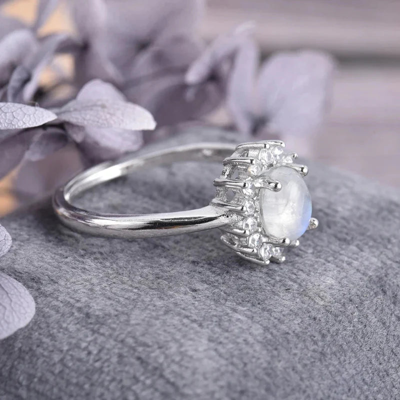 Oval Moonstone and Zircon Ring Band