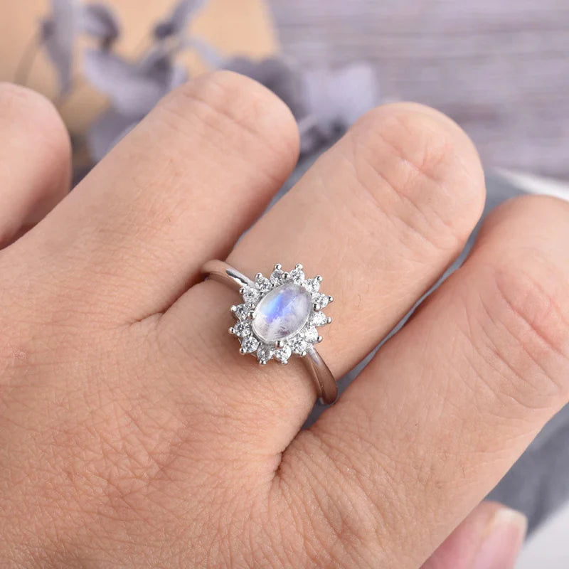 Oval Moonstone and Zircon Ring Band