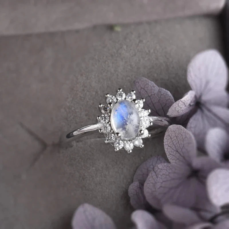 Oval Moonstone and Zircon Ring Band