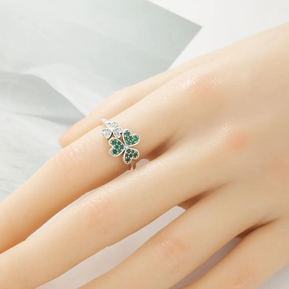 Ring with Green Zircon Hearts Three-Leaf Clover