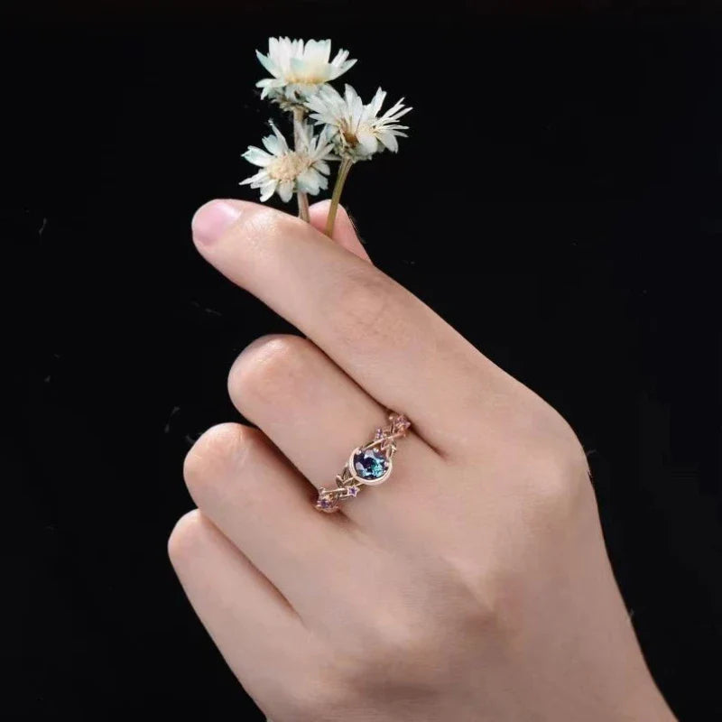 Ring with Gold Crescent Moon and Zircon