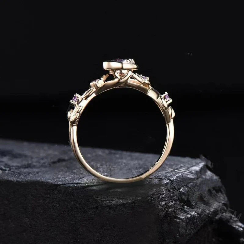 Ring with Gold Crescent Moon and Zircon