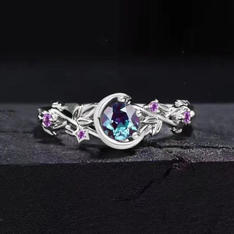 Ring with Silver Crescent Moon and Zircon