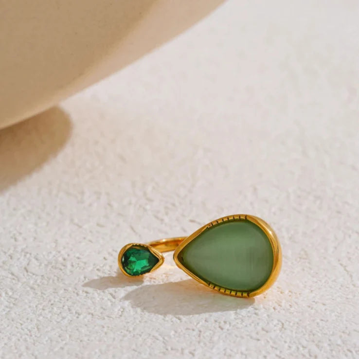 Ring with Natural Stone Water Drop and Zircon