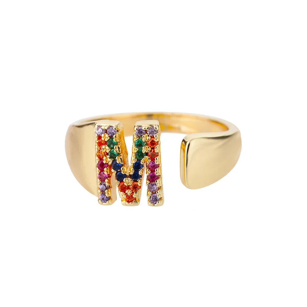 Wide Personalized Ring with Rainbow Initial m