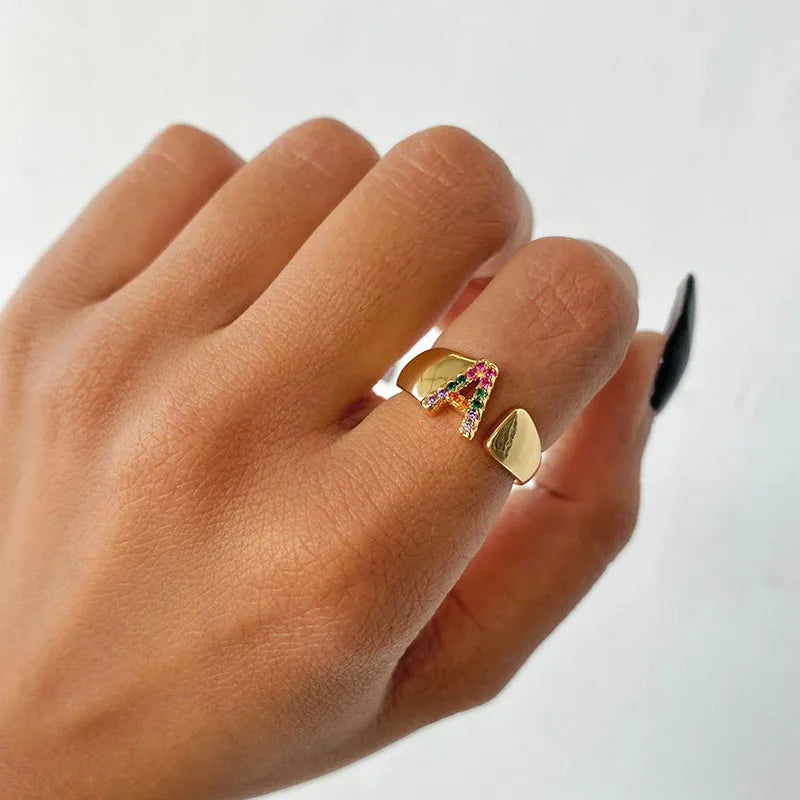 Wide Personalized Ring with Rainbow Initial