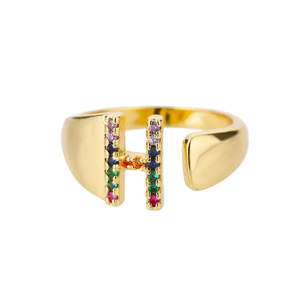 Wide Personalized Ring with Rainbow Initial h