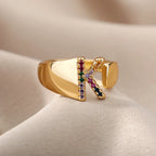 Wide Personalized Ring with Rainbow Initial