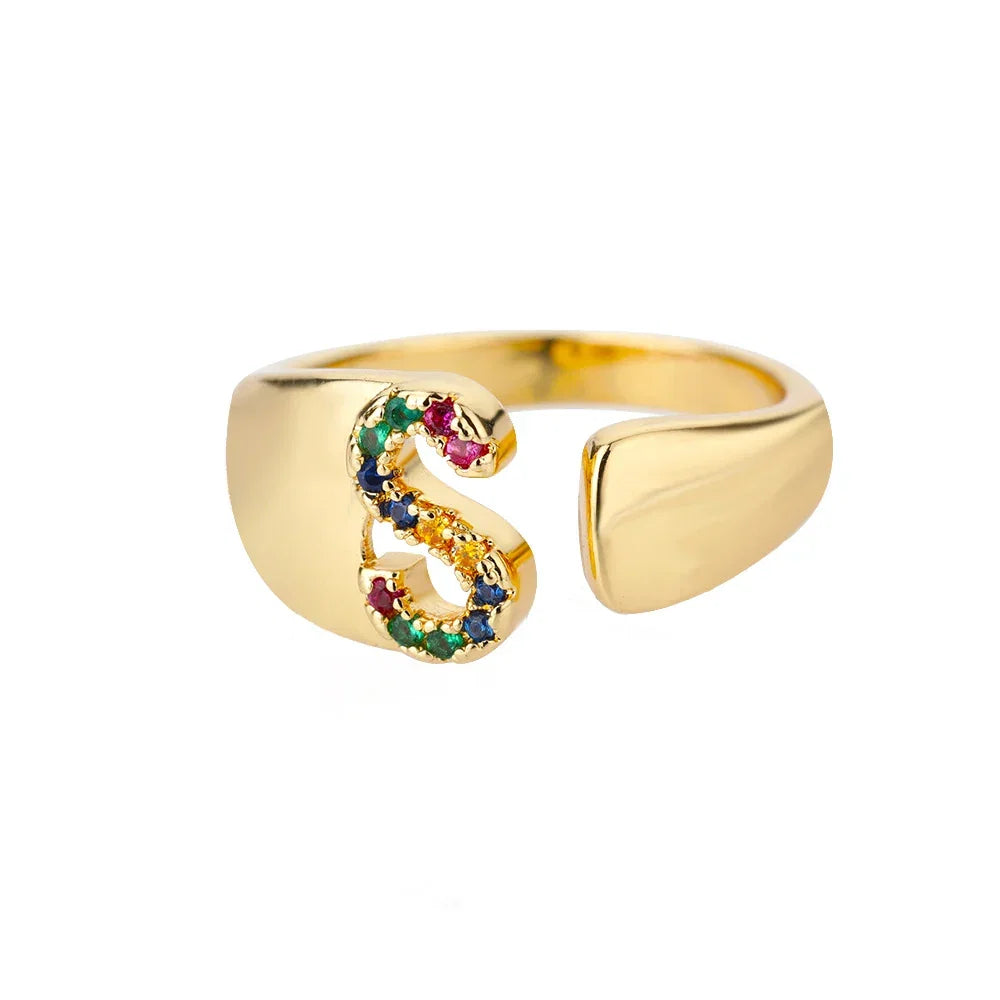 Wide Personalized Ring with Rainbow Initial s