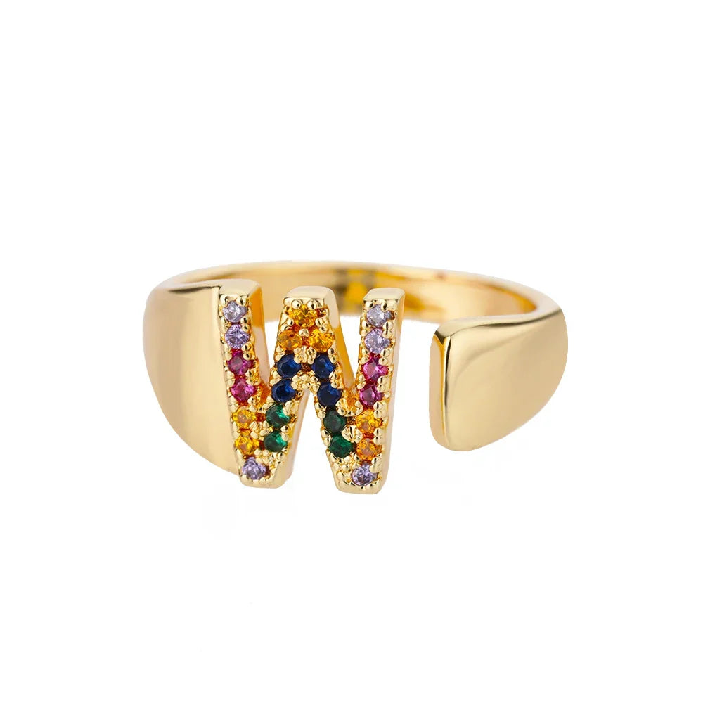 Wide Personalized Ring with Rainbow Initial w