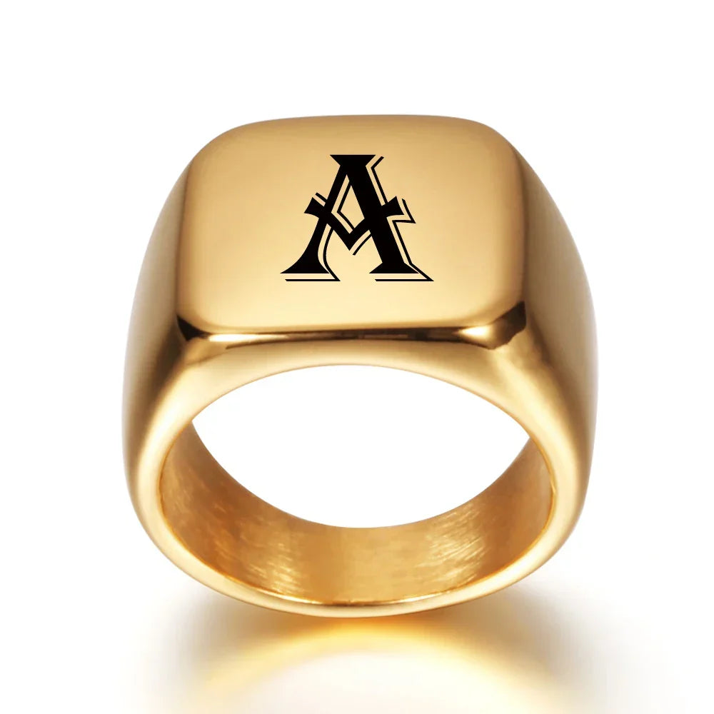 Wide men's ring personalized with initial a