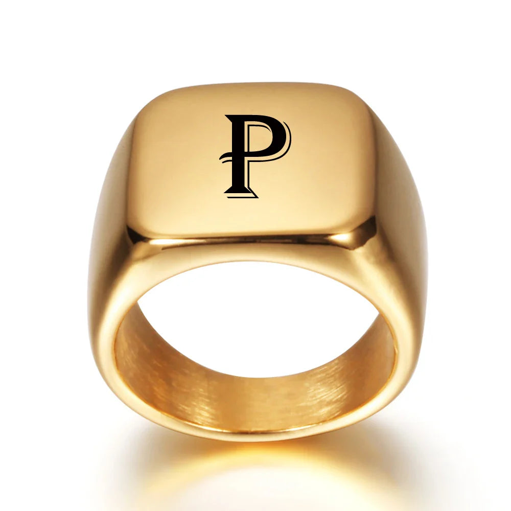 Wide men's ring personalized with initial p